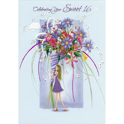 Girl with Large Purple Floral Bouquet: Sweet 16 Birthday Card: Celebrating Your Sweet 16