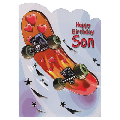 Red and Orange Skateboard Die Cut: Son Birthday Card: Happy Birthday Son