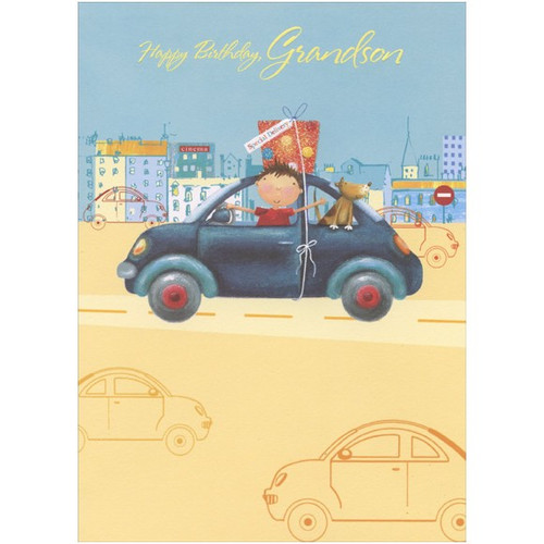 Boy and Dog in Blue Car: Grandson Birthday Card: Happy Birthday, Grandson