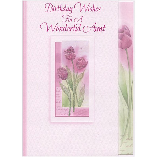 Sparkling Pink Flowers in White Embossed Frame: Aunt Birthday Card: Birthday Wishes For A Wonderful Aunt