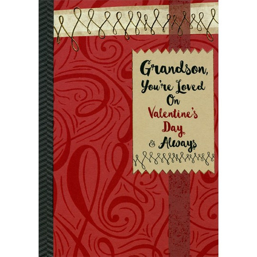 Gold Foil Swirls and Maroon: Grandson Valentine's Day Card: Grandson, You're Loved on Valentine's Day & Always