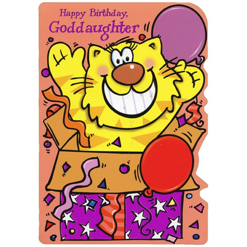 Yellow Cat in Present Die Cut Birthday Card for Goddaughter: Happy Birthday, Goddaughter