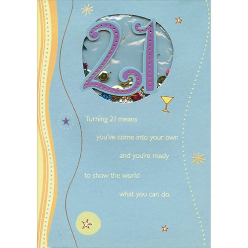Bronze Foil Stars on Blue with Sequin Window Age 21 / 21st Birthday Card: Turning 21 means you've come into your own and you're ready to show the world what you can do.
