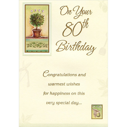 Tree and Pear in Gold Foil Frames Age 80 / 80th Birthday Card: On Your 80th Birthday - Congratulations and warmest wishes for happiness on this very special day…