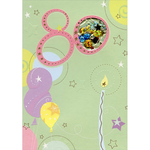 Balloons and Single Tall Candle Sequin Filled Die Cut Window Age 80 / 80th Birthday Card: 80