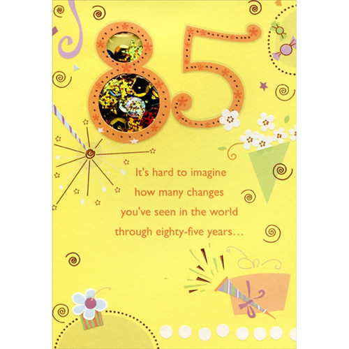 Daisies and Star Burst on Bright Yellow Sequin Filled Die Cut Window Age 85 / 85th Birthday Card: 85 - It's hard to imagine how many changes you've seen in the world through eighty-five year…