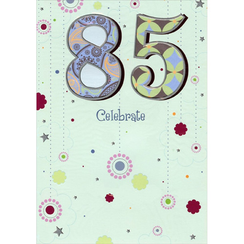 Blue and Green in Die Cut Windows on Pastel Blue Age 85 / 85th Birthday Card: 85 - Celebrate
