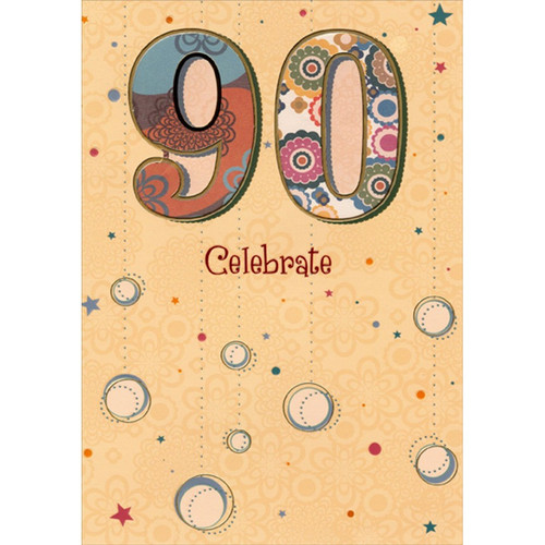 Celebrate Blue, Red and Flowers in Die Cut Windows on Cream Age 90 / 90th Birthday Card: 90 - Celebrate