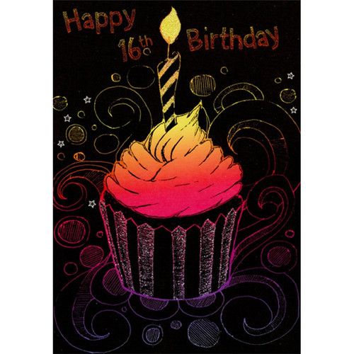 Cupcake with Red and Orange Frosting on Black Age 16 / 16th Birthday Card: Happy 16th Birthday