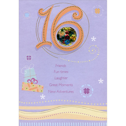 Friends Fun Times Laughter Sequin Filled Die Cut Window Age 16 / 16th Birthday Card: 16 - Friends - Fun times - Laughter - Great Moments - New Adventures