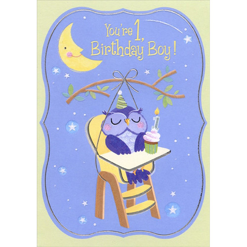 Owl with Cupcake in Highchair Age 1 / 1st Birthday Card for Boy: You're 1, Birthday Boy!