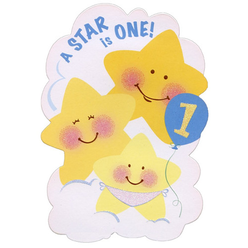 Three Smiling Stars Die Cut Top Fold Age 1 / 1st Birthday Card: A Star is One!
