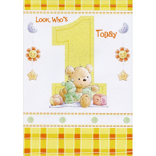 Bear with Stuffed Animal and Blocks Age 1 / 1st Birthday Card: Look Who's 1 Today