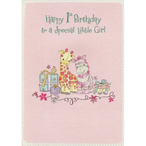 Stuffed Giraffe and Zebra with Presents Age 1 / 1st Birthday Card for Girl: Happy 1st Birthday to a Special Little Girl