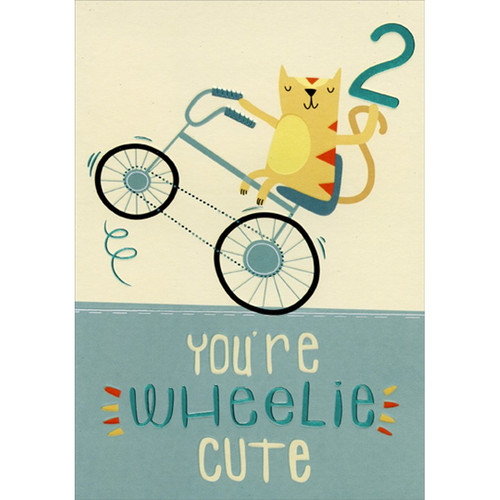 Cat Doing Wheelie on Bike Age 2 / 2nd Birthday Card for Boy: 2 - You're Wheelie Cute