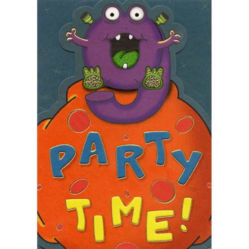 Purple Monster with Green Tongue Die Cut Age 9 / 9th Birthday Card: 9 - Party Time!