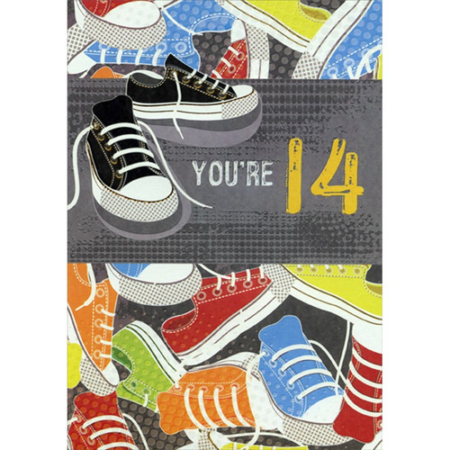 Black Sneakers with Gold Foil Accents Age 14 / 14th Birthday Card: You're 14