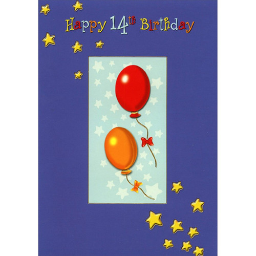 Red and Orange Balloons on White Stars Age 14 / 14th Birthday Card: Happy 14th Birthday