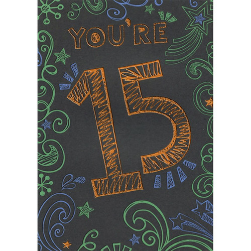 Bronze Foil Scribble on Black Background Age 15 / 15th Birthday Card for Boy: You're 15!