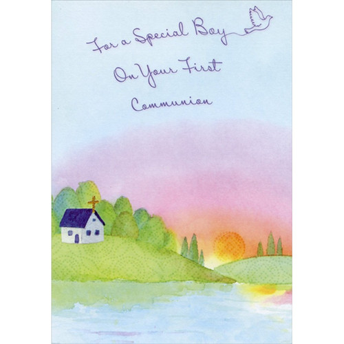 Watercolor Small Church on Hill 1st / First Communion Card for Boy: For a Special Boy On Your First Communion