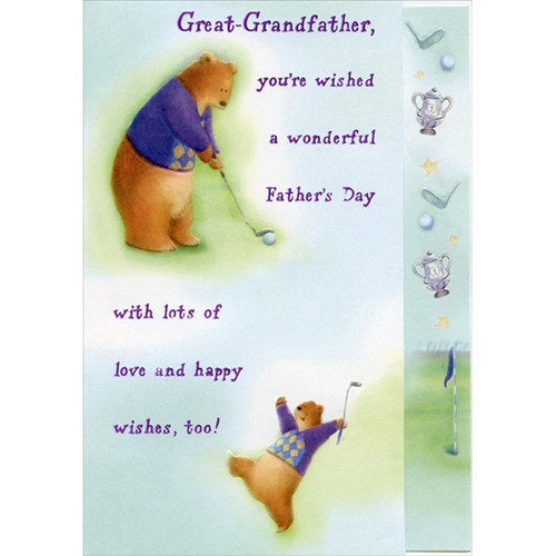 Golfing Bear with Purple Sweater Juvenile / Kids Father's Day Card for Great-Grandfather: Great-Grandfather, you're wished a wonderful Father's Day with lots of love and happy wishes, too!