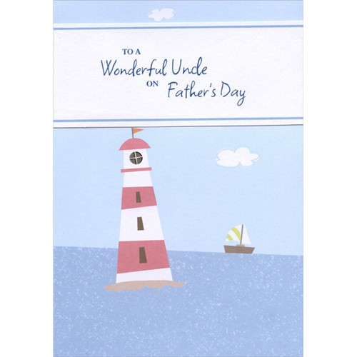 Pink and White Lighthouse and Sailboat Father's Day Card for Uncle: To a Wonderful Uncle on Father's Day