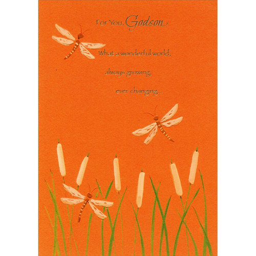 Three Dragonflies on Orange Father's Day Card for Godson: For you, Godson - What a wonderful world, always growing, ever changing…