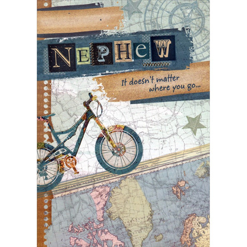 Blue Bicycle and Map of the World Father's Day Card for Nephew: Nephew - It doesn't matter where you go…