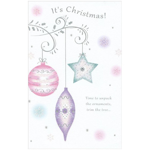 Silver Branches & Ornaments Christmas Card: It's Christmas! Time to unpack the ornaments, trim the tree…