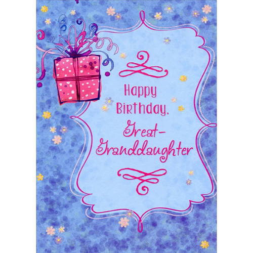 Pink Present on Blue Background Birthday Card for Great-Granddaughter: Happy Birthday, Great-Granddaughter