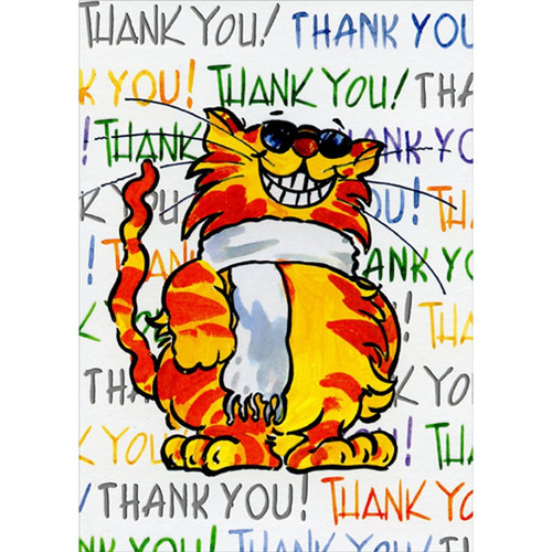 Orange Cat with White Scarf Funny / Humorous Thank You Card: Thank You! (repeated)