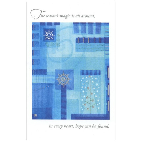 Silver Snowflake on Blue Christmas Card: The season's magic is all around, in every heart, hope can be found.