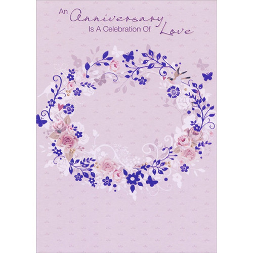 Purple Foil and White Floral Wreath Wedding Anniversary Congratulations Card: An Anniversary is a Celebration of Love