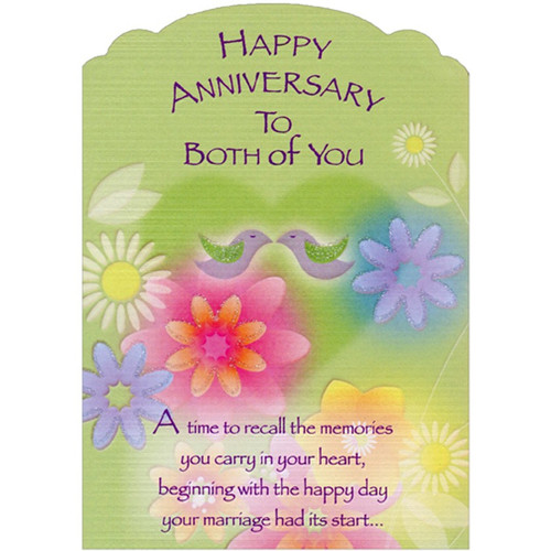 Two Kissing Birds with Sparkling Flowers Die Cut Z-Fold Wedding Anniversary Congratulations Card: Happy Anniversary to Both of You - A time to recall the memories you carry in your heart, beginning with the happy day your marriage had it's start…