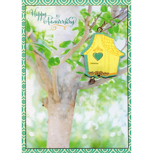 Yellow Birdhouse with Gold Foil Accents Hand Decorated Designer Boutique Keepsake Wedding Anniversary Congratulations Card: Happy Anniversary