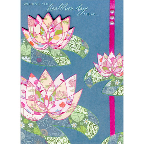 Healthier Days Ahead 3D Flower and Pink Ribbon Hand Decorated Designer Boutique Keepsake Get Well Card: Wishing you healthier days ahead...