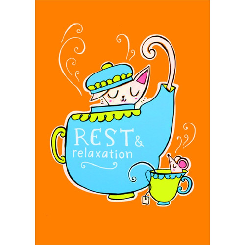 Cat in Blue Teapot, Mouse in Cup Get Well Card: Rest and Relaxation