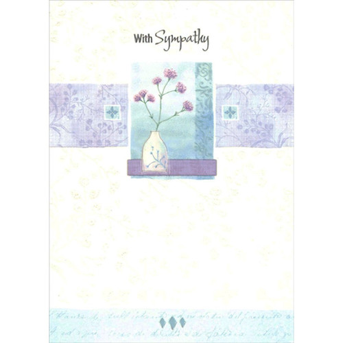 White Vase Holding Small Purple Flowers on Purple Shelf Sympathy Card: With Sympathy
