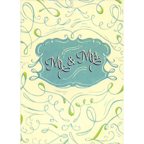 Mr and Mrs Inside Blue Banner on Cream Wedding Congratulations Card: Mr. and Mrs.