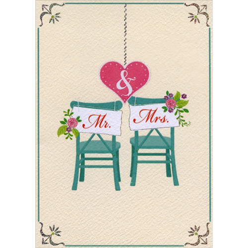 Mr. and Mrs. Signs on Blue Chairs Wedding Congratulations Card: Mr. and Mrs.