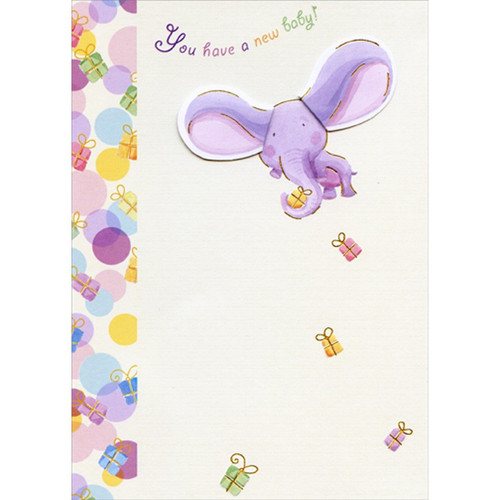 Purple Elephant with Tip On 3D Ears Hand Decorated Designer Boutique Keepsake New Baby Congratulations Card: You have a new baby!
