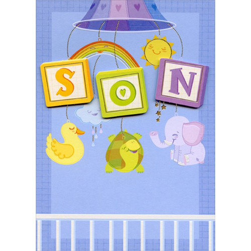 Mobile with Blocks, Duck, Turtle and Elephant 3D Hand Decorated Designer Boutique Keepsake New Baby Boy Congratulations Card: SON