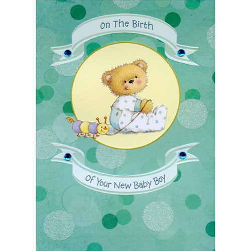 Bear and Centipede Toy with Blue Gems Hand Decorated Designer Boutique Keepsake New Baby Boy Congratulations Card: On The Birth of Your New Baby Boy