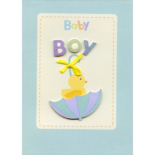 Duck in Tip On 3D Umbrella with Yellow Ribbon Hand Decorated Designer Boutique Keepsake New Baby Boy Congratulations Card: Baby Boy