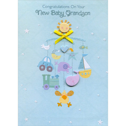 Mobile with Tip On 3D Face, Heart, Whale and Yellow Ribbon Hand Decorated Designer Boutique Keepsake New Baby Grandson Congratulations Card: Congratulations On Your New Baby Grandson