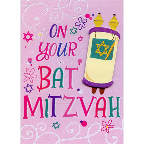 Torah Tip On and Gems on Pink 3D Hand Decorated Designer Boutique Keepsake Bat Mitzvah Congratulations Card: On Your Bat Mitzvah