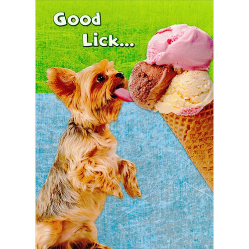 Puppy Licking Ice Cream Cone Funny / Humorous Good Luck Card: Good Lick...