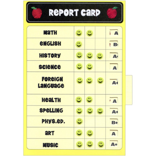 Report Card with Slide Pull Tab Juvenile Congratulations Card for Kids / Children: Report Card - Math - A - English - B+ - History - A+ - Science - A - Foreign Language - A+ - Health - A - Spelling - A+ - Phys. Ed. - B+ - Art - A - Music - A+