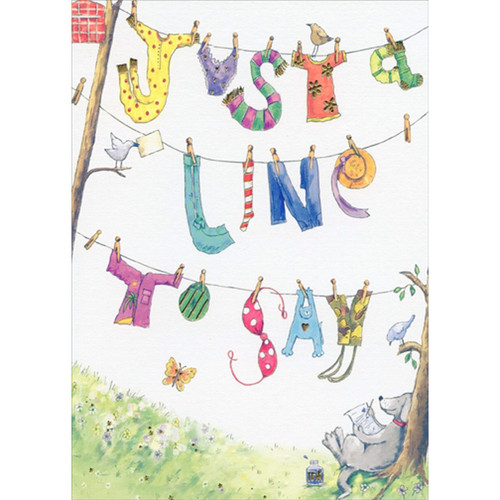 Clothes Hanging on Lines - Dog Writing Letter Hello / Hi Card: Just a Line To Say