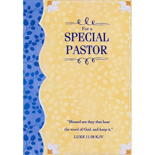 Blessed Are They: Blue and Yellow Branches and Leaves Religious Birthday Card for Pastor: For a Special Pastor - “Blessed are they that hear the word of God, and keep it.” Luke 11:28 KJV